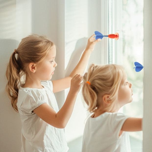 Two girls at a sunlit window throwing red and blue suction darts at the glass