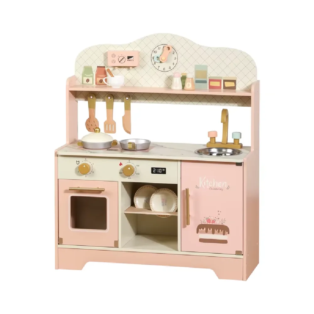 Pink Wooden Play Kitchen Set with Accessories, by One Elephant, wooden pretend toys, ages 3+