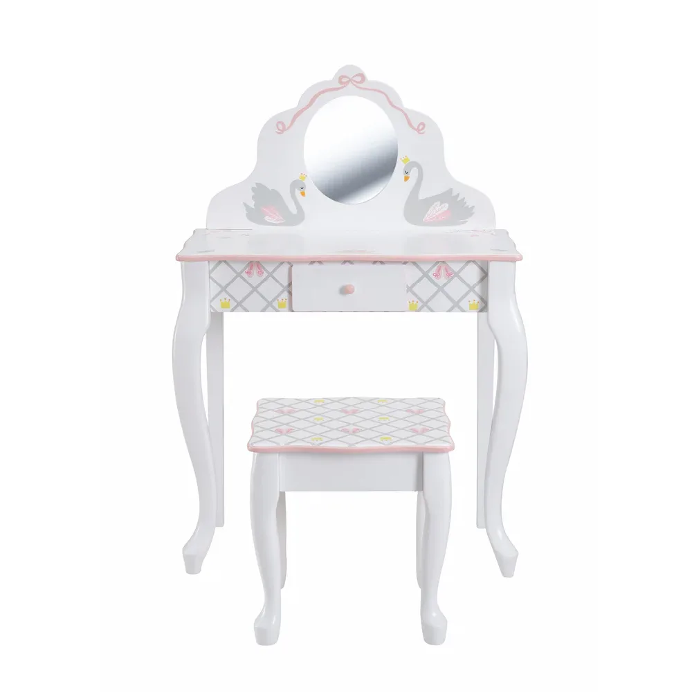 Swan Lake Kids Dressing Table & Stool, Vanity Set With Mirror & Storage, by Teamson, wooden pretend toys, ages 3 to 7