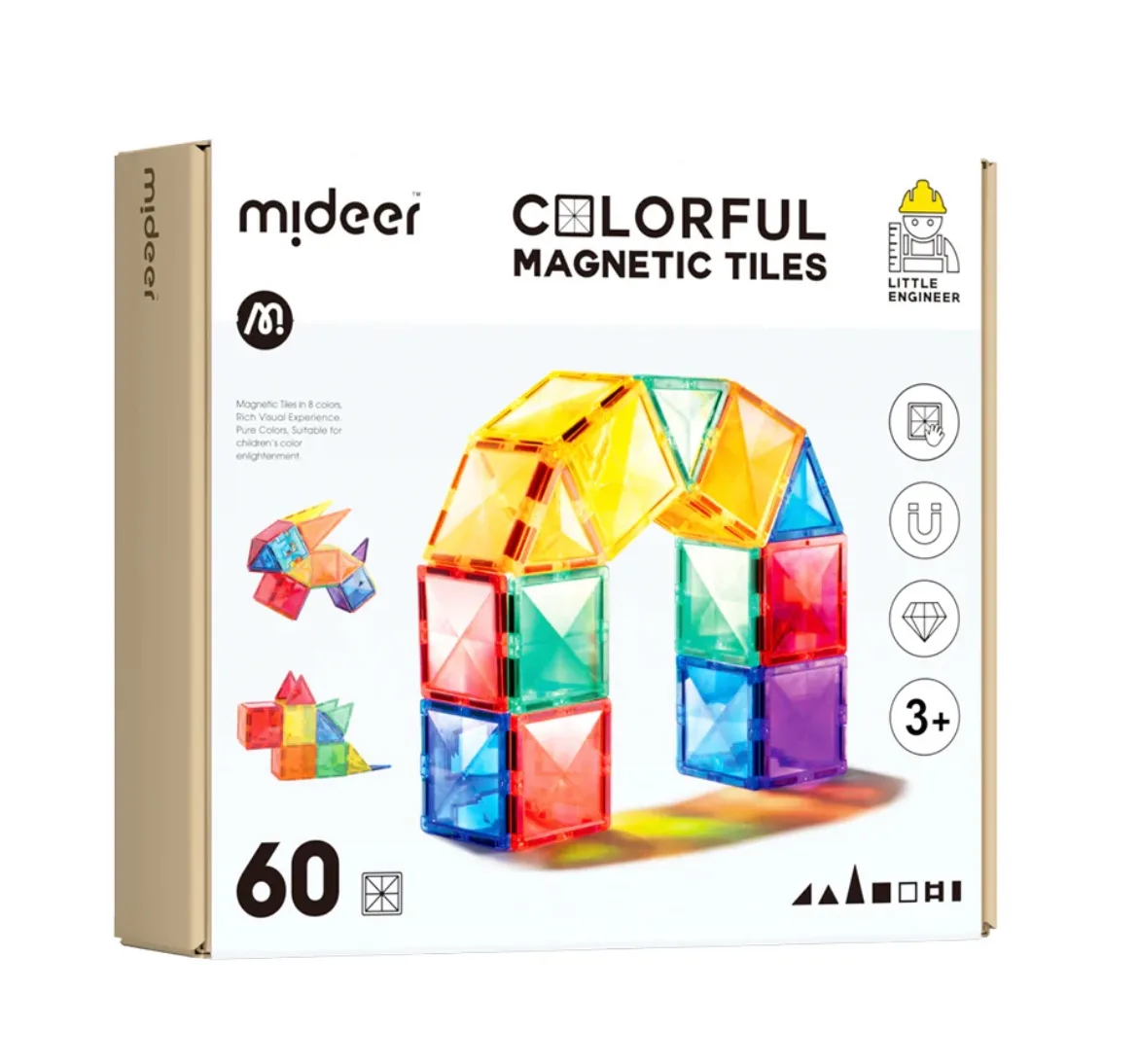 Colorful Magnetic Tiles 60Pcs, by Mideer, magnetic, ages 3+