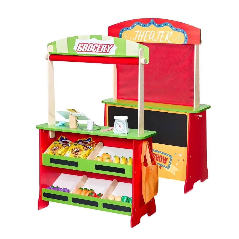 Double Sided Grocery Theater Play Set, by Vevor, wooden pretend toys, ages 1 to 7
