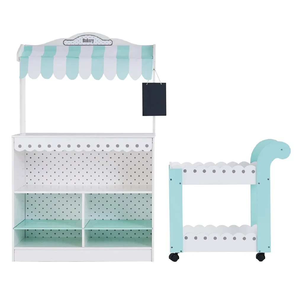 Kids My Dream Bakery Shop, Treat Stand and Dessert Cart, White/Blue, by Teamson, wooden pretend toys, ages 1 to 4