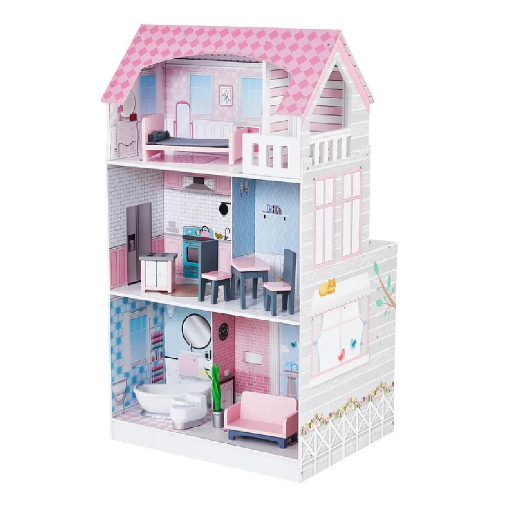 Olivia’s Little World Kids Large 2-in-1 Wooden Doll House & Play Toy Kitchen with 15 Accessories, by Teamson, wooden pretend toys, ages 3+