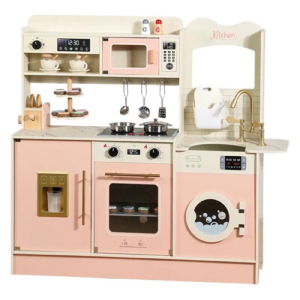Wooden Kitchen, Pink with Bread Maker , Cooler lamp , Laundry, by One Elephant, wooden pretend toys, ages 3+