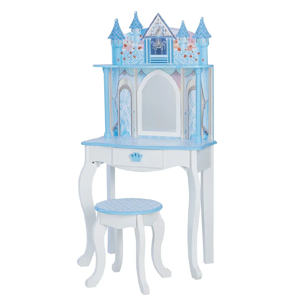 Kids Dreamland Princess Wooden Play Vanity Set with Mirror, Shelf, Storage Drawer, Stool, and Accessories for 12″ Dolls, White and Blue, by Teamson, wooden pretend toys, ages 3+