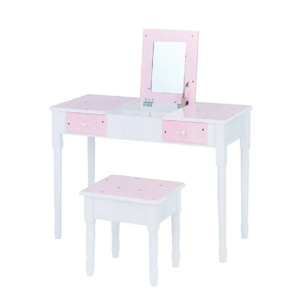 Fantasy Fields Kate Kids Dressing Table & Stool, Vanity Set With Mirror & Storage, Pink/White, by Teamson, wooden pretend toys, ages 3 to 7