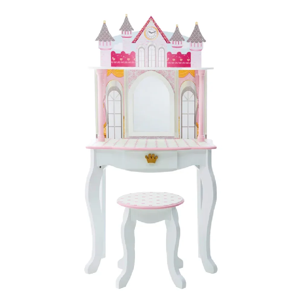 Kids Dreamland Princess Wooden Play Vanity Set with Mirror, Shelf, Storage Drawer, Stool, and Accessories for 12″ Dolls, White and pink, by Teamson, wooden pretend toys, ages 3+