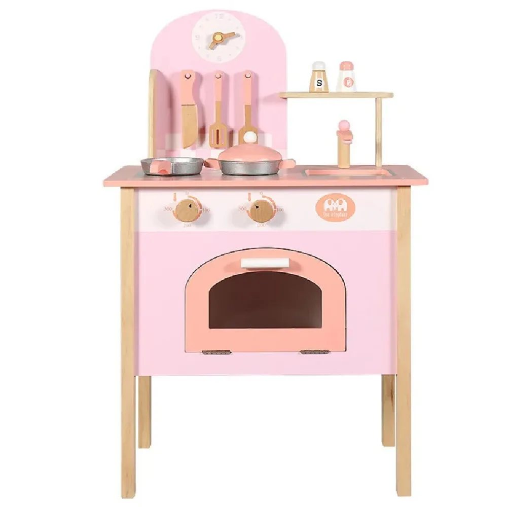 Wooden Kitchen with Cookware Accessories, Pink, B, by One Elephant, wooden pretend toys, ages 1 to 4