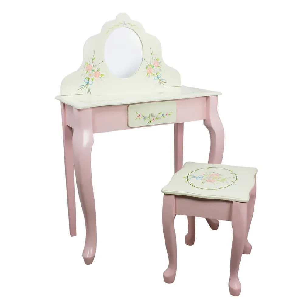 by Teamson Kids Bouquet Vanity Table and Chair Stool Play Set with Drawer and Mirror, by Teamson, wooden pretend toys, ages 3+